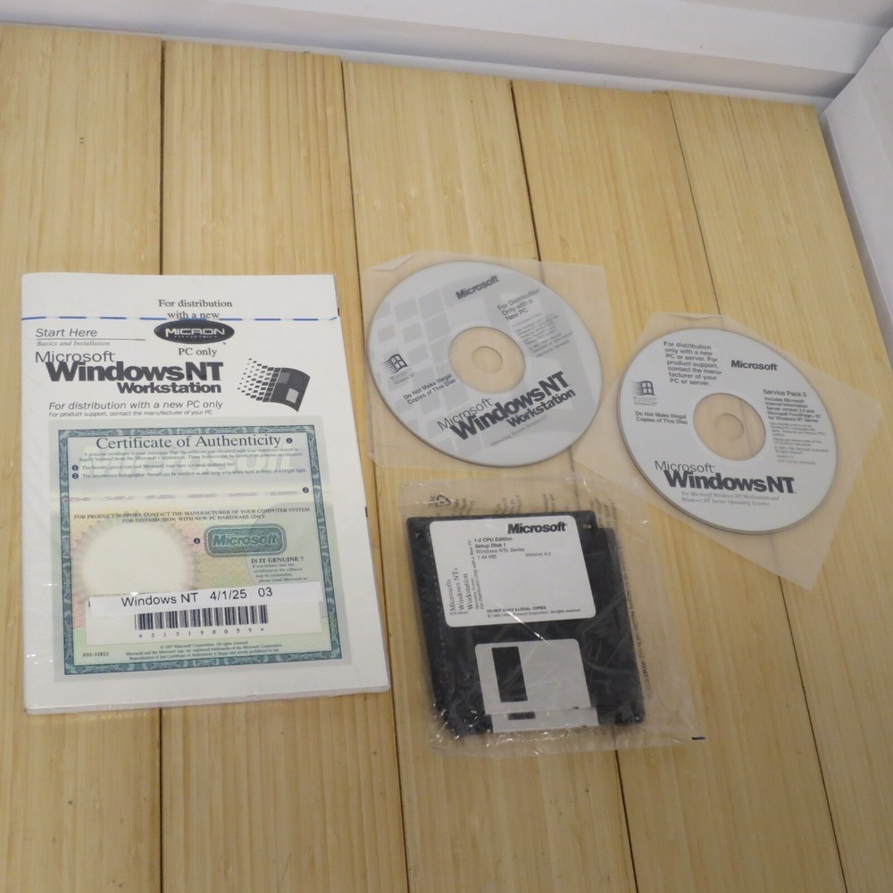 Microsoft Windows NT Workstation 4.0‎ SP4 CD-ROM, 3.5 Floppies, Manual & COA 03